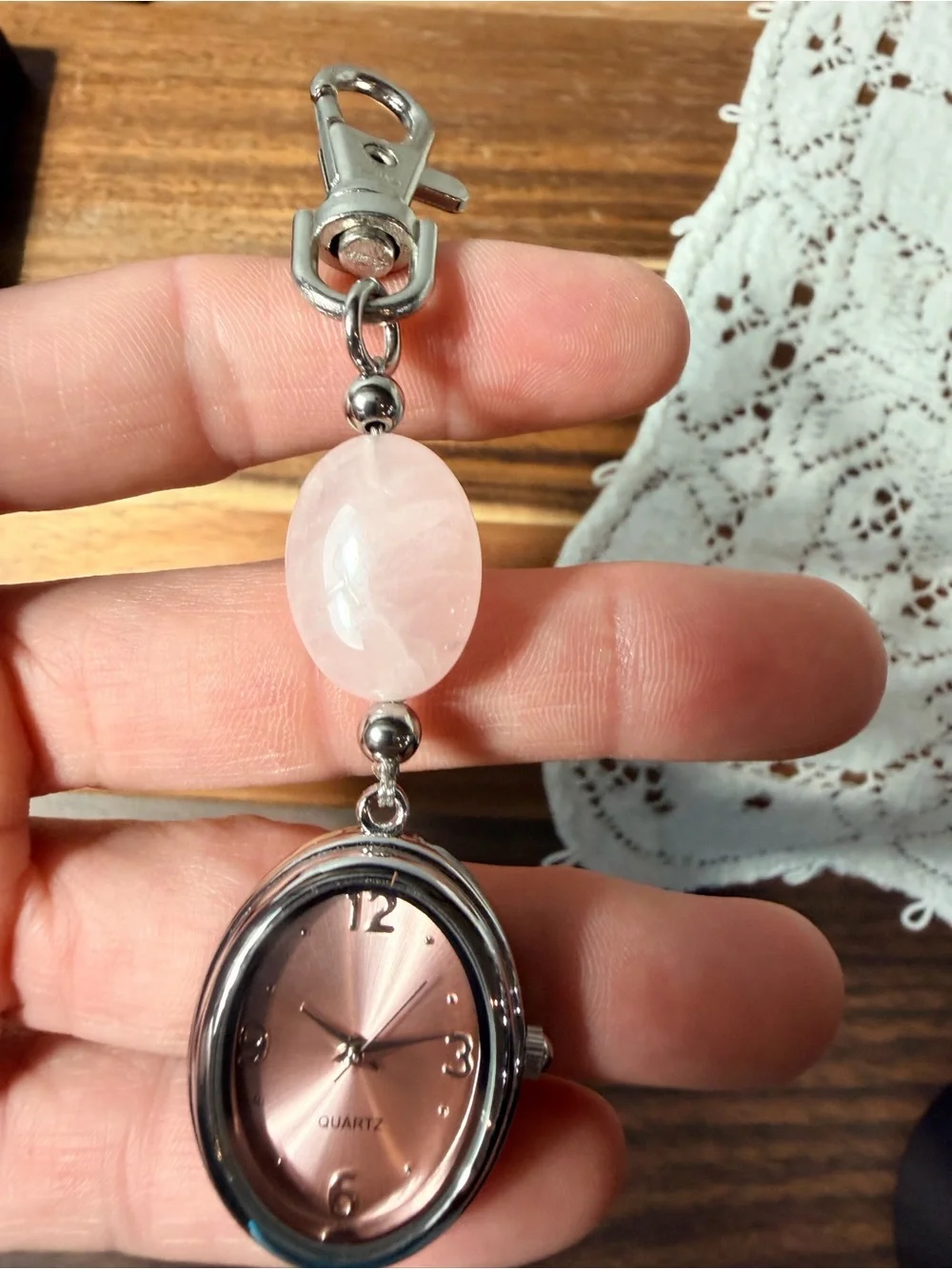 Vintage Avon Pink Dial Keychain Watch with Rose Quartz Accent